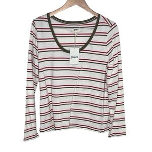 New Pact Holiday Stripe Softspun Organic Cotton Long Sleeve Scoop Tee Women Sz L